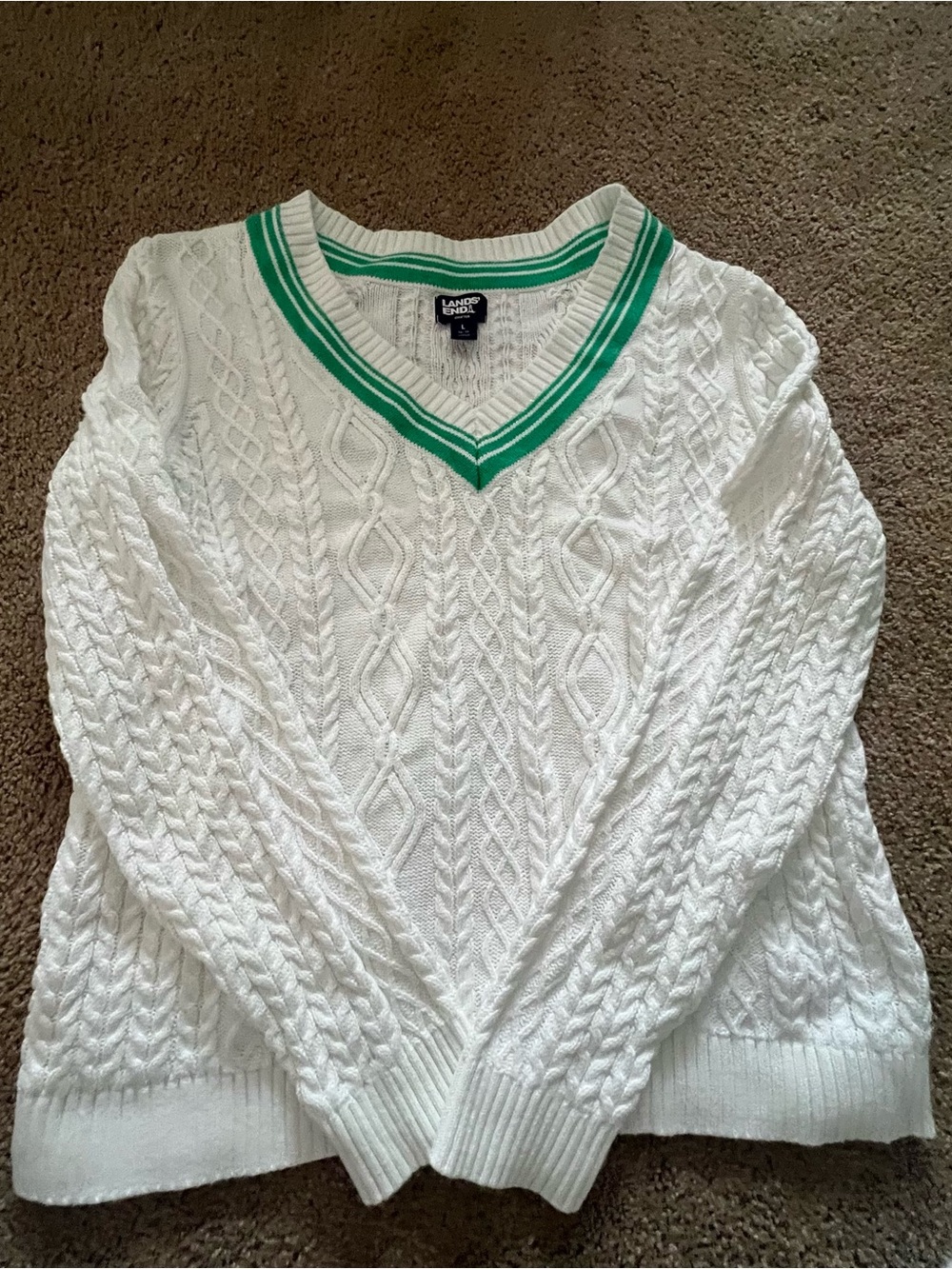 Lands' End White Cable-Knit V-Neck Sweater with Green Stripe